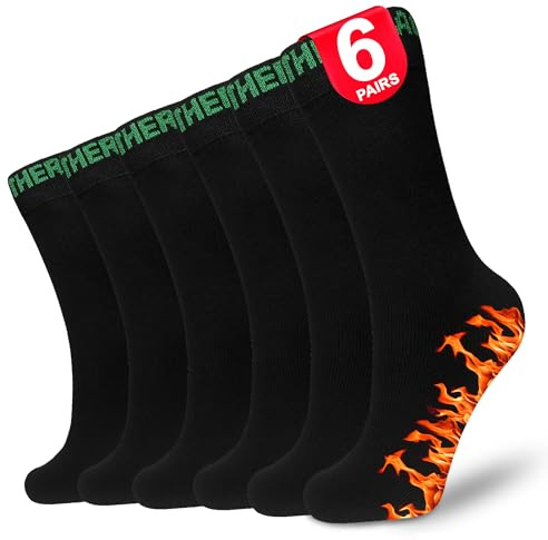 Thermal Socks For Men, Full Cushion Winter Warm Socks - Pack (3, 6, 12) Adults Mens Crew Length Black Heavy Duty Heated Cotton Boot Sock for Work Outdoor Hiking Running UK (6, Thermal Black)