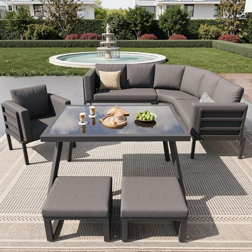 Kebnor Set di divani da giardino a forma di mezzaluna, per 8 persone/robusto telaio in ferro con imbottitura grigia/completo di tavolo in vetro, 1 poltrona e 2 sgabelli/mobili da terrazza resistenti