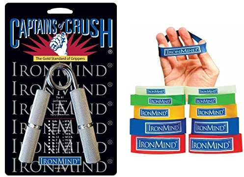 IronMind Two-Way Captains of Crush Grip Strengthener Set: CoC Trainer Gripper (100 lb.) and Expand-Your-Hand Bands