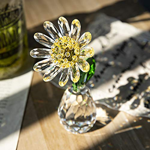 H&D HYALINE & DORA Crystal Yellow Flowers Statue,Glass Daisy Figurine Home Wedding Decoration,Glass Flower Figurines Ornament Collectibles