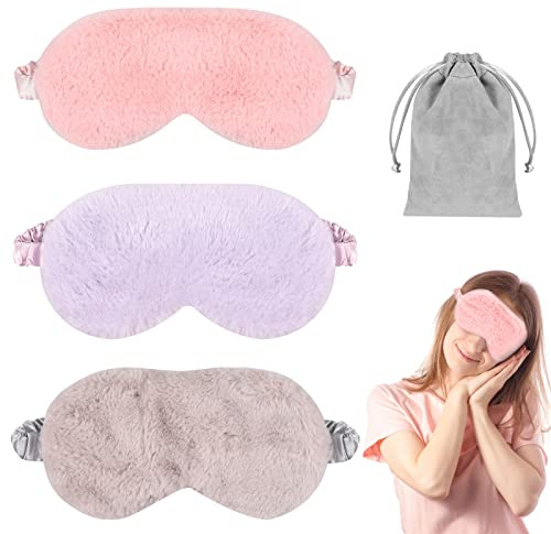 Sleeping Masks for Women, 3PCS Blackout Sleep Eye Mask, yeestone Soft Night Mask, Fluffy Eye Covers with Travel Pouch, Sleep Blindfold for Women Kids(Pink/Purple/Grey)