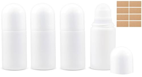 Voarge 4 botellas de plástico vacías de 50 ml para aromaterapia, botellas de aromaterapia con bola de rodillo, para aceites aromáticos, perfume, viajes, relleno (blanco), Blanco, Moderno
