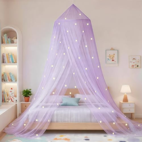 Eimilaly Stars Bed Canopy Glow in the Dark, Bed Canopy for Girls, Mosquito Net, Princess Canopy for Girls, Bed Room Decoration, Purple