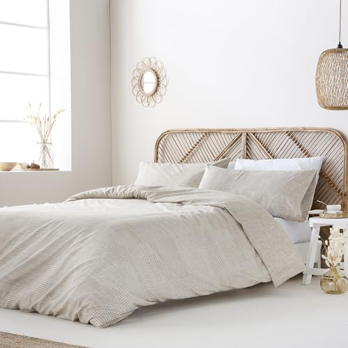 COTTON ARTean Funda Nórdica Reversible Cama 200 Sella Beige Microfibra Cepillada. Funda edredón 280x240 + 2 Fundas Almohada Cierre con Botones