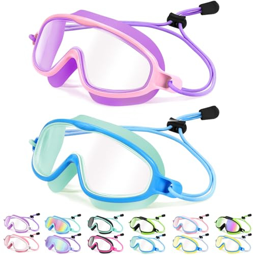 Vvinca Kids-Swim-Goggles with Bungee Strap Wide View Anti Fog UV Swimming Mask Pool Goggle for 3-14 Toddlers Girls Boys