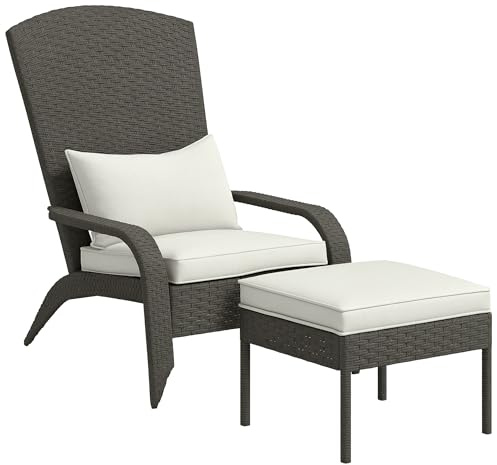 Outsunny Sedia da Giardino con Poggiapiedi, Braccioli e Cuscini Imbottiti, Sedia Adironrack in Rattan e Acciaio, 64x82x89 cm, Grigio e Bianco Crema