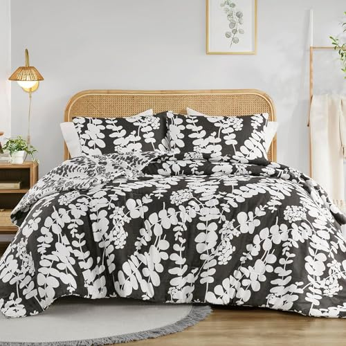 Set Housse de Couette 220x240 cm Noir Blanc Réversible Motif Feuilles Tropicales Dorées Botanique 2 Personnes et 2 Taies d'oreiller 65x65 Microfibre Parure de Linge de Lit avec Fermeture Éclair