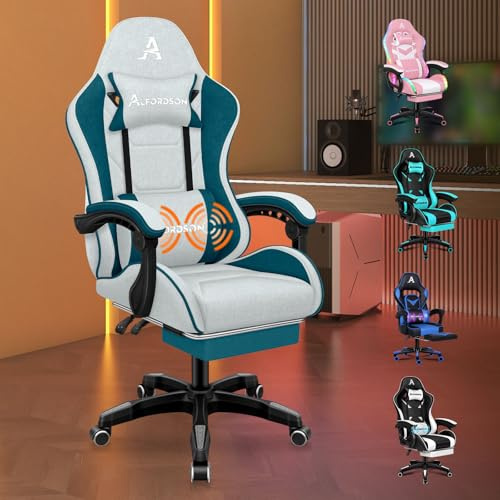 ALFORDSON Kontorsstol, Gamingstol, Massage, spelstol, ergonomisk spelstol med fotstöd, nackstöd, massage, ländryggskudde, vadderad linväv, snurrstol, tyg, mörkblå