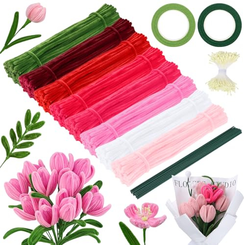 iulrtba 600 scovolini per bricolage, 8 Colori Set di Fiori con scovolini con 350 stami, 30 Fili di Ferro Verde, 2 Nastri Adesivi per steli di Fiori per Bouquet DIY Decorazioni