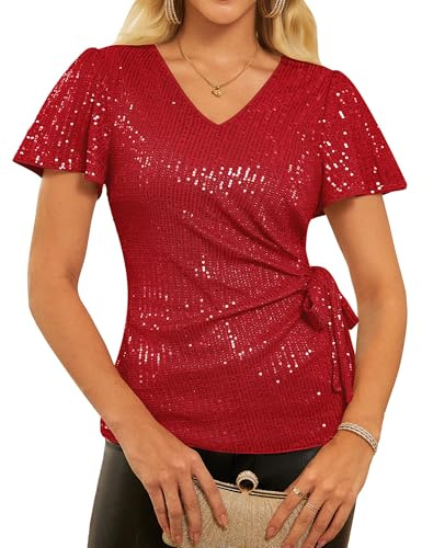 GRACE KARIN Femme Haut Chic À Sequins Blouse Soirée Élégante À Paillettes Top De Fête Col en V Manches À Volants Courtes Rouge L