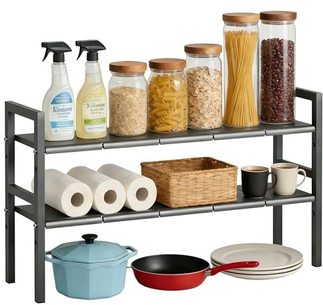 Expandable Under Sink Storage, 52-92cm Adjustable Length & Height, 2 Tier Kitchen Organiser with 10 Snap-Fit Locking Panels, 5-Min Easy Assembly, Multifunctional Shelf for Bathroom, Shoe, Plant Stand