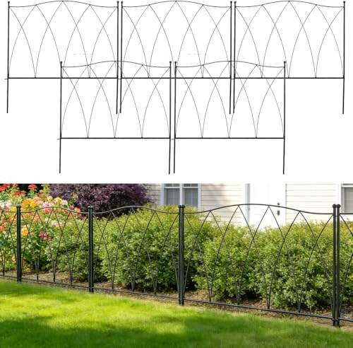 5 Panels No Dig Decorative Metal Garden Fence Panels, 61CM(H)*305 CM(L) Dog Fence Outdoor for Yard, Picket Fence for Privacy – Decorative Garden Fencing Animal Barrier Fence for Rabbits, Flower Bed