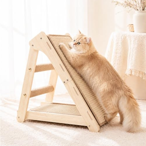 DONWEI Tiragraffi per Gatti Pieghevole in Sisal, Tiragraffi Gatto Triangolare in Legno di Faggio con Tappetino Sostituibile, Protezione Divano, Mobile per Gatti 50 x 28 x 50 cm