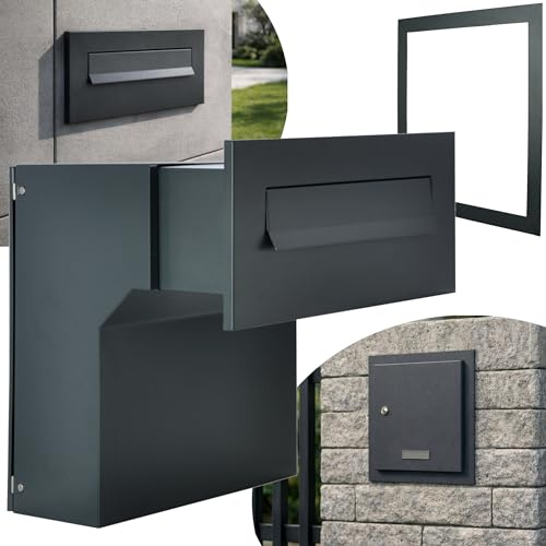 Buzón de pared antracita RAL 7016 de acero galvanizado con recubrimiento en polvo con marco, ajustable, 190 – 260 mm, resistente a la intemperie, placa frontal 350 × 160 mm, paso C4