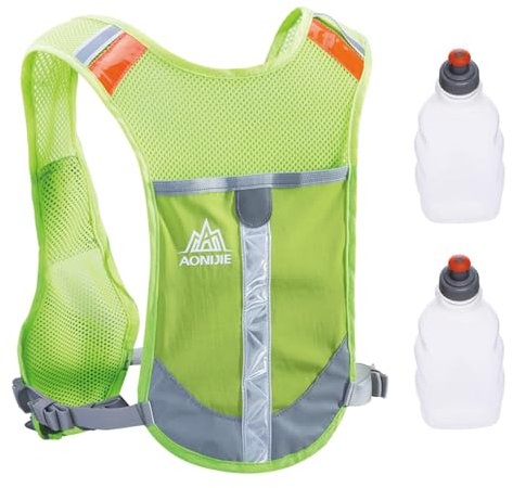 TRIWONDER Laufweste Damen und Herren, Leichter Trinkrucksack mit verstellbaren Brustgurten, Reflektierende Trinkweste für Trailrunning Marathon Wandern Radfahren (Grün - mit 2 Wasserflaschen)