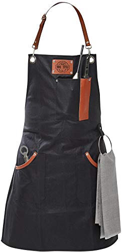 GEFU Grillschürze BBQ - Kochschürze aus gewachster Baumwolle mit Echtleder-Details, mit Handtuchöse, praktischen Taschen & verstellbaren Schlaufen - ideal für Grill, Küche & BBQ