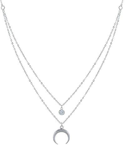 LES POULETTES BIJOUX - Collier Double Chaine Argent 925 Croissant de Lune et Zirconia - Blanc