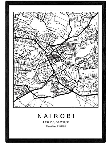 Scheda Nairobi Mappa della Città in Stile Nordico in Bianco e Nero. A3 Formato della Carta Stampata No 250 gr. Dipinti, Stampe e manifesti per Soggiorno e Camera da Letto
