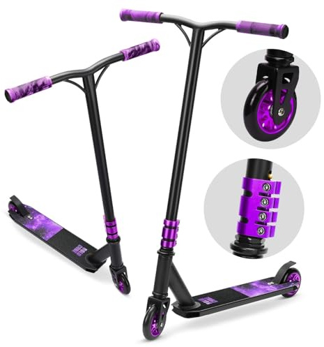 BOLDCUBE Deluxe Stunt Scooter Purple Stars for Boys and Girls Ages 8-12 Years | Anodized Finish | ABEC 9 | 4 Bolt Clamp | Marbled Grips | 7+ yrs