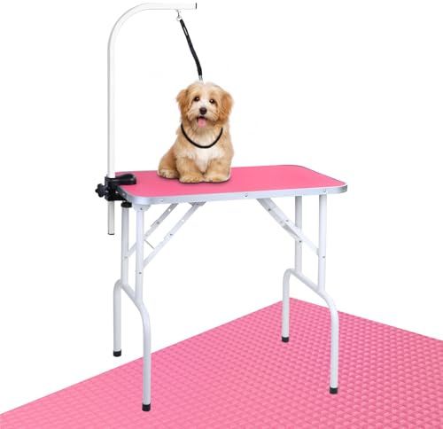 LEIBOU Table de toilettage Pliable pour Chien avec Cadre en Fer Robuste avec Bras et nid pour toilettage des Animaux de Compagnie (81,3 cm, Rose)