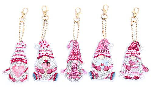 MWOOT 5 delar dubbelsidig 5D diamant konst målning nyckelring kit, gör-det-själv dvärg rund borr kristall söt tomte nyckelring, strass målning nyckelringar hänge för kvinnor mobil ryggsäck handväska