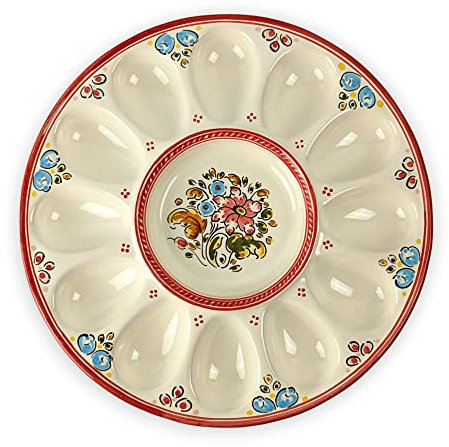 Gónfer - Huevera Plato de Huevos de Cerámica Artesanal Flores Rojo - Bandeja Fuente Huevos Rellenos - Fabricado y Pintado a Mano - Capacidad 12 (26,5 cm Ø)