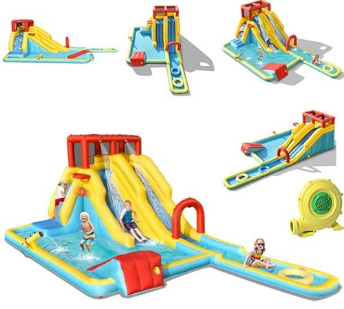 COSTWAY Château Gonflable 8 en 1 avec Double Toboggan Aquatique, Maison de Rebond Gonflable avec Mur d’Escalade, Pistolet à Eau, Anneaux de Natation pour 3 Enfants de 3-10 Ans(avec souffleur 680W)