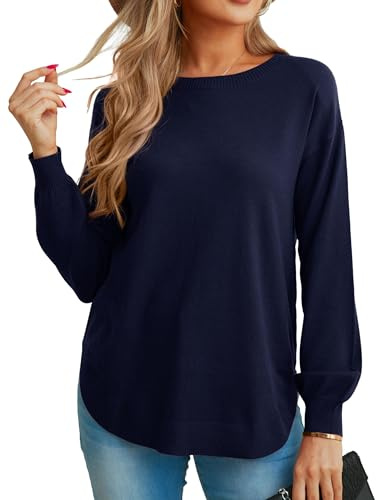 GRECERELLE Pull à manches longues pour femme en col rond léger et doux en tricot décontracté pour dames, bleu marine, XXL