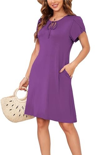 VOGMATE Robe Courte Ete Femme Fluide Coton Plage Décontractée Robe Pull Elegant Col Rond A Ligne Short T-Shirt Dress La Couleur Violette S
