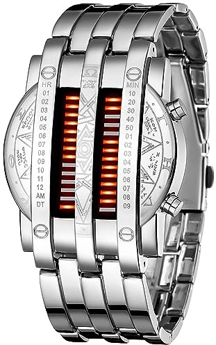 MASTOP Mens Creative Binary Digital Watches Unique Matrix LED Watch Futuristic Cool Stainless Steel Wrist Watch (U Black Blue)