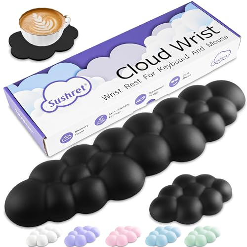 Sushret Cloud Wrist Rest Keyboard, Cloud Palm Rest Set with PU Leather Memory Foam, Cute Keyboard Rest for Wrist Support and Arm Rest, Desk Cloud Wrist Pad for PC/Gaming/Hand Cushion/Computer-Black