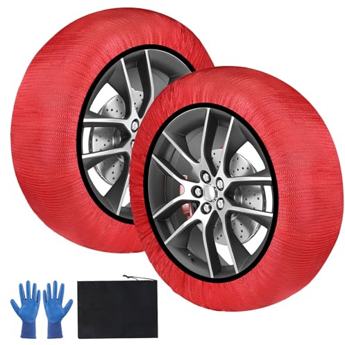 SWAWIS Schneesocken Auto Schneeketten EN16662-1 Homologiert Zwei Schneesocken Textil Schneeketten Auto Snow Chains Schneekette Größe L für R14 - R20 Abrieb- und Reißfest, Rot