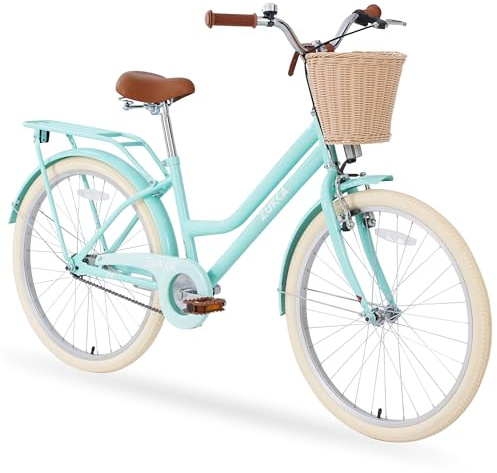 24 Inch Girl's Bike Cruiser Bicycle Single-Speed Retro City Bicycle with Wicker Basket for Youth Gril/Women,Lightweight, Multiple Colors