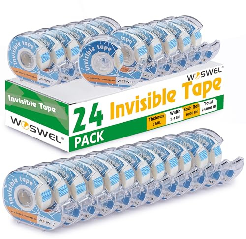 WOSWEL Tape Refills with Dispenser, 24 Roll Invisible Tapes, 3/4 Inch X 1000 in, Gift Wrapping Tapes Supplier for Home School Office Use