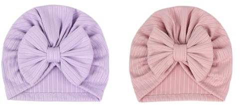 Hrlace 2 stycken babymössor för nyfödd babymössa, mjuk babyturbanmössa med rosett, infant, beanie, mössa, spädbarn, flicka, pojke, mössa för baby, nyfödda, småbarn, ljuslila soja