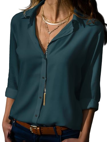 Women’s Long Sleeve Button-Down Shirt – Wrinkle-Free Office Blouse, Collared Tunics, Oversized Boyfriend Style, Solid Dressy Top (S-5XL) (UK, Alpha, XL, Regular, Regular, #15)