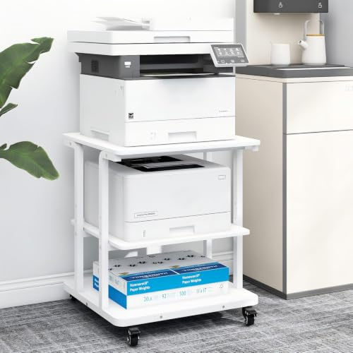 PUNCIA 3-Tier Movable Laser Printer Cart with Storage | Large Machine Stand Under Desk Heavy Duty Rolling Table Floor-Standing Rack on Wheels Paper File Organizer Shelf Home Office