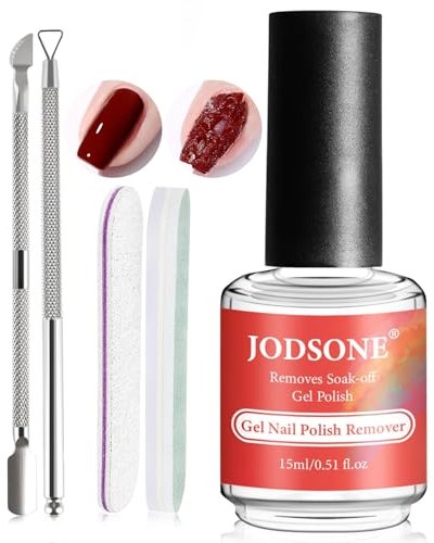 JODSONE Removedor de esmalte de uñas en gel 15ml – no requiere remojo ni envoltura – para una eliminación rápida y fácil en casa con un empujador de cutículas y una lima de uñas.