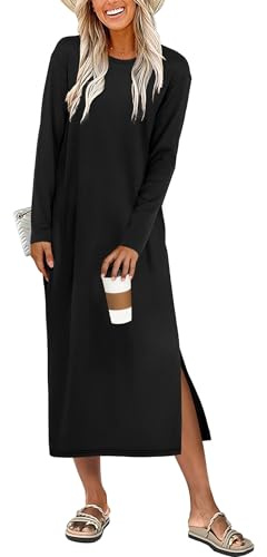 ANRABESS Long Sleeve Midi Dresses for Women Fall Fashion Casual Vacation Crewneck Loose Split Striped Long Tshirts Dress Black M