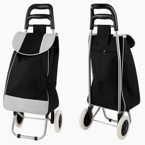 BURAKH 35L Lightweight Shopping Trolley with 2 Wheels - Heavy Duty Waterproof Grocery Cart, Utility Carts, Pull-Along Travel Luggage Bag Foldaway Shopping Cart Grocery Bag for Easy Storage (Black)