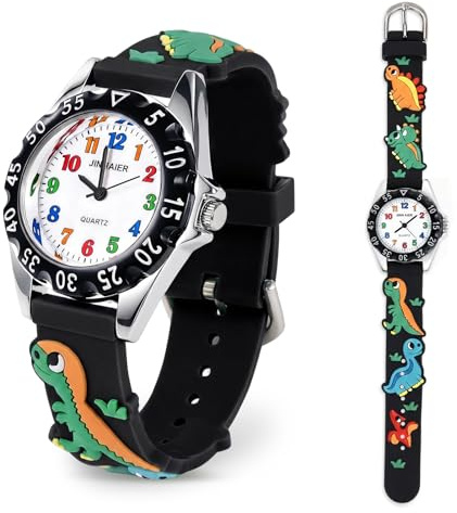 Vspek Kids Watch Boys and Girls, Dinosaur Analogue Watch with Cute Silicone Strap, Waterproof Multifunction Watches Easy to Read for Ages 3-12, Christmas, Children's Day, Birthday Gifts, Black