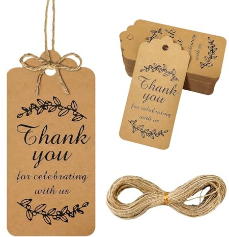 Kraft Brown Gift Tag with String 100Pcs, Gift Tags for Presents Brown Tags with String Printed Thank You Slogan for Birthday Wedding Valentines Thanksgiving Christmas Party Gifts Decoration