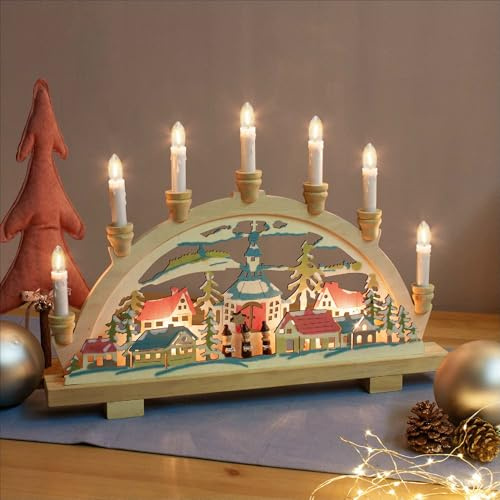 hellum Arco di Natale con 10 candele (+2 candele di ricambio) per interni, motivo cantante stellato in legno, con interruttore e spina, decorazione natalizia 151817