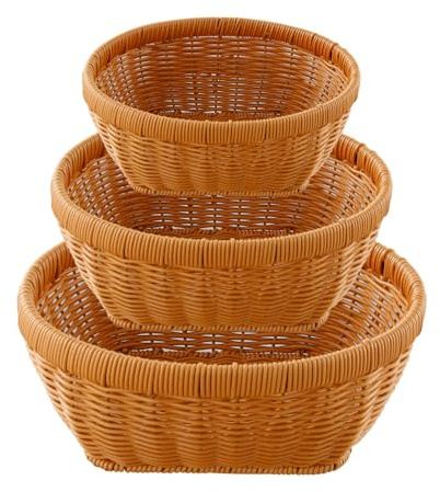 Set of 3 Bread Basket Imitation Rattan Fruit Basket Poly Wicker Handwoven Storage Basket Display Basket Serving Basket Food Serving Holders for Countertop Kitchen Home Restaurant, 20/23/26cm Stackable