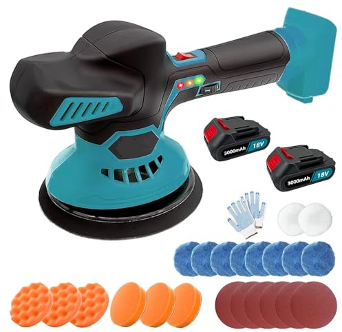 Lucidatrice a batteria per auto, 18 V, set professionale con 2 batterie da 3,0 Ah + caricatore e accessori da 24 pezzi, regolabile in 6 livelli, 6000 giri/min