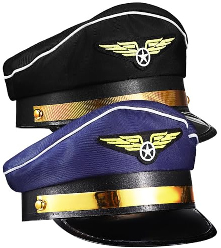 HOMSFOU 2 Piezas Sombrero de Piloto y Gorro de Auxiliar de Vuelo en Poliéster, Diseño Clásico, Fácil de Combinar, Adecuado para Fiestas de Disfraces y Cumpleaños, Paquete