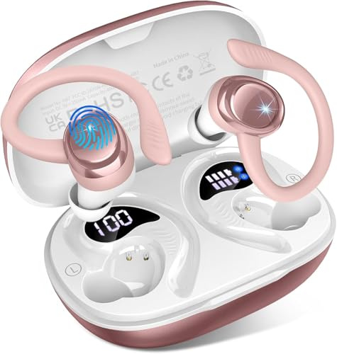 Auriculares Inalámbricos Bluetooth Deportivos, 60H Auriculares Bluetooth 5.4 con HiFi Estéreo, 4 ENC Mics, 2026 Cascos Inalambricos con Cancelación RuidoI/IP7/USB-C Auriculares para Correr Oro Rosa