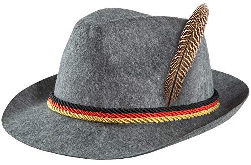 dressforfun 302853 Trachtenhut mit Feder und Deutschland Kordel, Jägerhut für Oktoberfest, Trachten Party, grau
