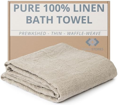 Pure 100% Linen Bath Towel - Stone-Washed 30 x 60 inch Soft Lightweight Travel Towel - Waffle Weave Quick Dry Beach Towel - Natural Flax Thin Towels for Bathroom Gym or Sauna - Sustainable Bath Sheet