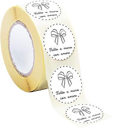 100 Etichette Adesive Rotonde prestampate Con Fiocchetto e scritta Fatto a mano con amore Diametro 5,5 cm - Homemade - Adesivi per buste, scatole, artigianato, fai da te, ringraziamento.